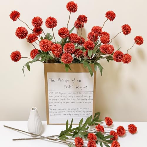 Kinisty 8 Pcs Artificial Flowers Red Faux Silk Pompon Mums, 20" Long Stem Fake Chrysanthemum Bouquet for Vase Farmhouse Home Decor, Wedding Centerpiece - color: Dark Red
