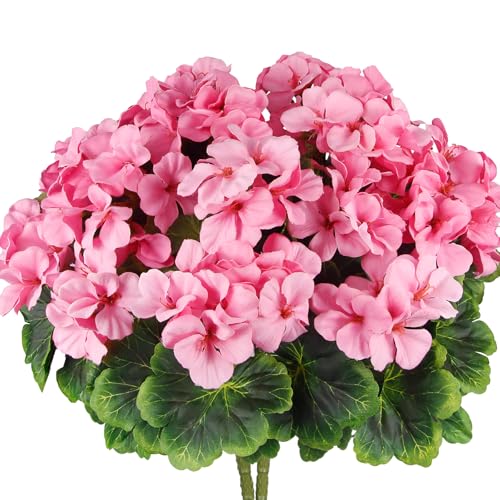 2 Pcs Artificial Geraniums for Outdoor Silk Geranium Flowers Pink Artificial Geranium Bush Faux Flowers Geraniums Branch for Garden Patio Grave Cemetary Vase Table Centerpiece Indoor Decor - color: Pink 1