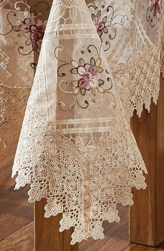 LinenZone Gold Farmhouse Tablecloth with Colorful Flower Design. 60 Inch Round Tablecloth for Small Table, Dresser, Coffee Table. Macrame Cover for Farmhouse Decor. (Viola 60 Round, Linen) - color: Linen, size: 60" (Round)