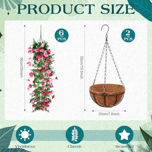Hotop 2 Set Artificial Flowers with Hanging Basket Includes 6 Pcs Morning Glory Vines Faux Outdoor Hanging Plants Waterproof UV Resistant Fake Flowers for Patio Spring Summer Decor(Rose Red, Pink) - color: Rose Red, Pink