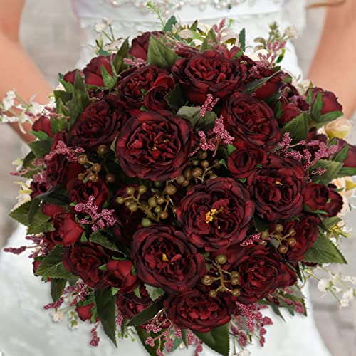 Artificial Peonies Silk Flowers, Burgundy Faux Peony Bouquet 4 Bundles Florals Arrangements for Farmhouse Home Boho Wedding Table Centerpiece, Fake Plastic Flowers Bulk for Vase Decoration (Burgundy) - color: Burgundy, size: 4PCS