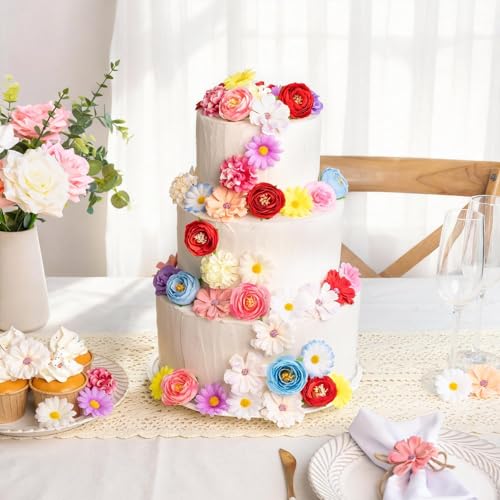 Fake Flower Heads for Crafts, 66PCS Mini Artificial Flowers Bulk, Small Silk Daisy Rose Sunflower Faux Floral Heads for DIY Hair Clips, Wedding Cake, Graduation Cap, Wreath & Party Decoration - color: Bright Colors Mixed