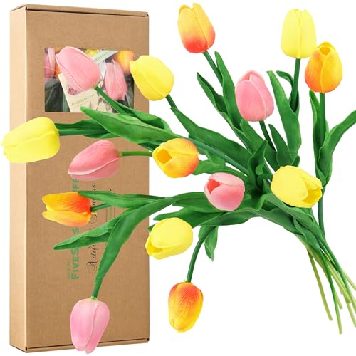 FiveSeasonStuff Orange, Yellow & Pink 15 Stems Real Touch Artificial Tulips, Soft PU Faux Flowers with Bendable Stems for Vase Centerpieces, Home & Wedding Decor - color: #10 Festive Bloom (Orange, Yellow & Pink)