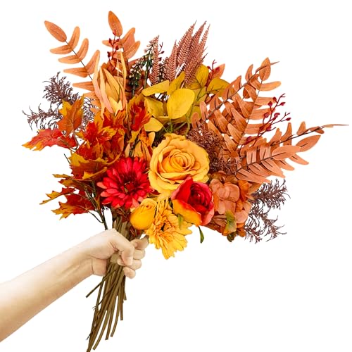 Artificial Fall Flowers Bouquets, 21.6” Autumn Fake Silk Orange Flowers Wedding Bouquets with Fall Florals Stems for Bridal Bridesmaid, Rustic Home Thanksgiving Table Centerpiece Decor - size: 1 Pcs