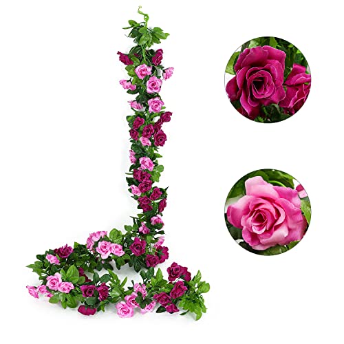 JUSTOYOU 2 Pack (15.8FT) Fake Rose Garland, Artificial Rose Vines Flowers Hanging Silk Rose Vine Wedding Home Backdrop Party Arch Arrangement Decoration - color: Fuchsia