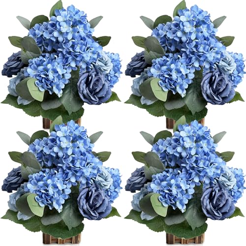 11.8’’ Tall Free Standing Artificial Flowers, 4Pcs Artificial Flowers Arrangement with Basket, Dusty Blue Rose Hydrangea Decorations for Wedding Archway Aisle Welcome Entrance Table - color: Dusty Blue
