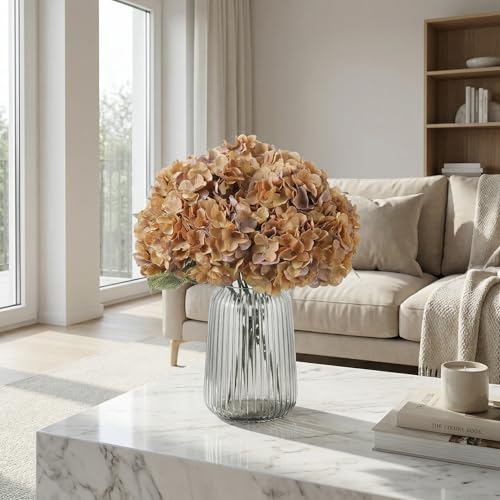 2Bouquets Artificial Fake Flowers Plants Silk Hydrangea Arrangements Wedding Bouquets Decorations Plastic Floral Home Kitchen Garden Party Festival Bar DIY(Brown Yellow) - color: Brown Yellow