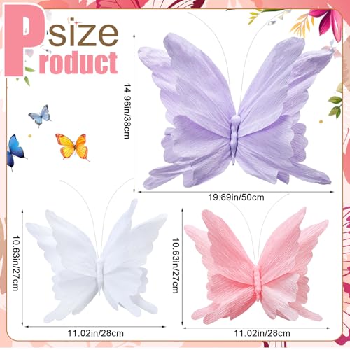 3 Pcs 3D Large Hanging Butterfly Decorations Large Butterfly Birthday Party Decorations 3D Crepe Paper Decoration for Wedding Party Birthday Baby Shower Garden(Purple, Pink, White,11inch,20 Inch) - color: Purple, Pink, White, size: 11inch,20 Inch