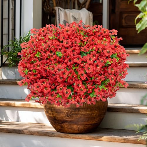 AXYLEX Artificial Flowers for Outdoors Fake Plants - 16 Bundles Faux Outside Greenery Boxwood No Fade Plastic Shrubs Fall Decor Farmhouse Home Garden Thanksgiving Mums (PureRed) - color: Purered