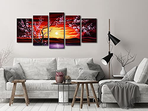 Wieco Art 5 Piece Plum Tree Blossom Canvas Prints Wall Art Abstract Floral Pictures Paintings Decor for Home Decorations Modern Stretched and Framed Contemporary Giclee Red Flowers Artwork