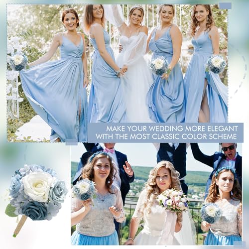 Artificial Bridesmaids Bouquets Set of 4 - 7 inch Silk Rose Bouquets for Bridesmaids, Pre-made Bridesmaid Flowers Small Bouquet for Wedding Vintage Country Bridal Shower Decorations -Dusty Blue - color: Dusty Blue, size: 4pcs Bouquets