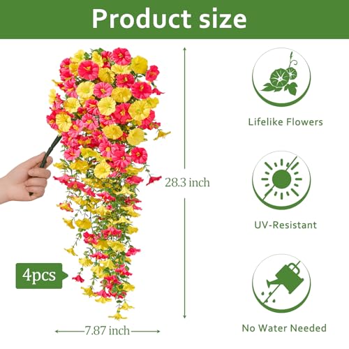 Serwalin Artificial Hanging Flowers for Outdoors UV Resistant, 4PCS Faux Morning Glory Fake Outdoor Flowers Realistic Silk Flower Plants for Outside Planter Front Door Porch Patio Yard Decor - color: Yellow& Hot Pink
