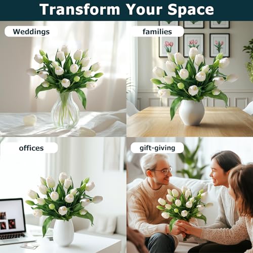 Bailikang 20PCS Fake Tulips Artificial Tulip Silk Flowers Fake PU Bouquet Artificial Flowers Faux Flowers with Gift Box Soft Faux Tulips Bouquets Arrangements for Party Wedding Home - color: White