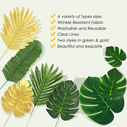 QUANQIUFEI 100 Pcs 8 Kinds Artificial Palm Leaves Tropical Fake Leaves, Monstera Leaf Gold and Green Faux Leaves for Safari Jungle Hawaiian Dinosaur Luau Party Table Decoration