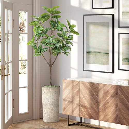 Artificial Tree in Off-White Texture Planter, Fake Magnolia Tree for Indoor and Outdoor Home Decoration - 70" Overall Tall (Plant Pot Plus Tree) - style: Magnolia Tree