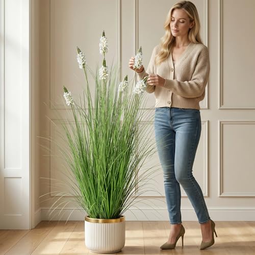 Artificial Plants Indoor Tall Grass Plants with Hyacinth Flower 47.2In Tall Artificial Ornamental Grass Green Onions Outdoor Fake Plants with Black Pot Home Office Decorative (1 Pack,White) - color: 1.2m White1