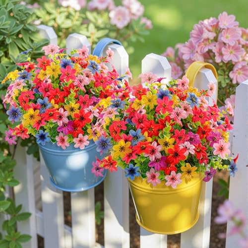 SHareconn 24 Bundles Artificial Flowers for Outdoors Decoration, Faux Plants Fake Silk Colorful Daisy Eucalyptus Lavender, UV Resistant for Outside Home Indoor Spring Decor, 6 Colors incl. Blue - color: Redrosyvioletblueyellowpink