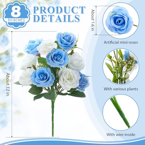 Zeyune 8 Pack Artificial Mini Blue and White Roses, 12 Inch Fake Flowers with Stems, 80 Small 1.6 Inch Flower Heads, Silk Mini Rose Bouquets for Wedding Centerpieces, Bridal Bouquets, Home Party Decor - color: Blue and White