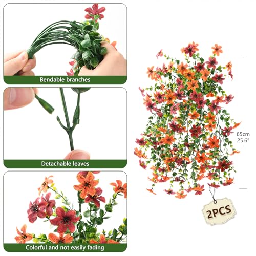 Artificial Faux Mums Fall Hanging Flowers for Outdoor Decoration,2 Pack Fake Silk Plants Daisy Realistic UV Resistant Summer Decor for Home Indoor Porch Patio Balcony Yard Autumn Decor (Brown Orange) - color: Brown Orange