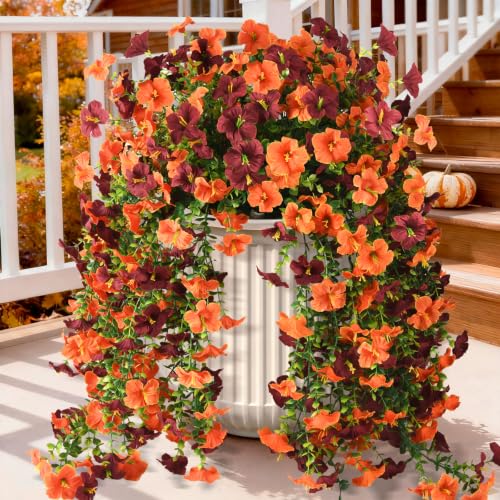 INQCMY Artificial Fake Fall Flowers Plants for Outdoor Decoration,2 PCS Faux Silk Morning Glory with Eucalyptus Leaves,UV Resistant Realistic Outdoor Flowers for Balcony Porch Patio Yard Garden - color: C Orange Brown
