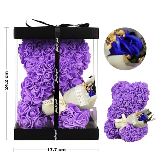 Gifts for Mother Rose Bear Gifts for Women, Rose Teddy Bear Birthday Gifts for Girlfriend Wife, Flower Bear withI Love You Necklace in 100 Languages - color: Purple