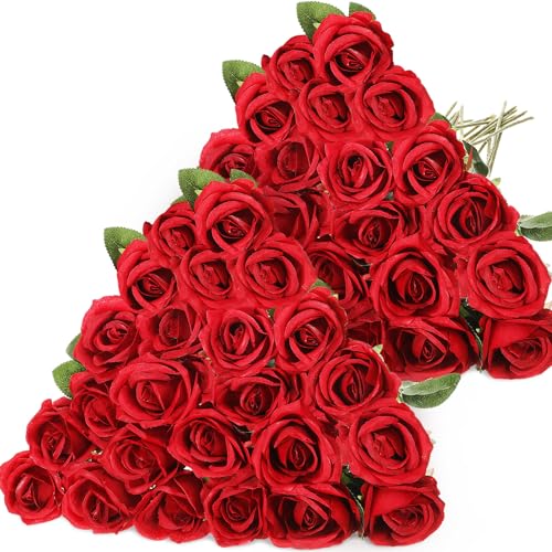 Hotop 40 Pcs Rose Artificial Flowers Bulk with Long Stem,Realistic Silk Fake Roses Bouquet for Home Wedding Centerpieces Party Table Decoration Valentines Gifts(Red) - color: Red