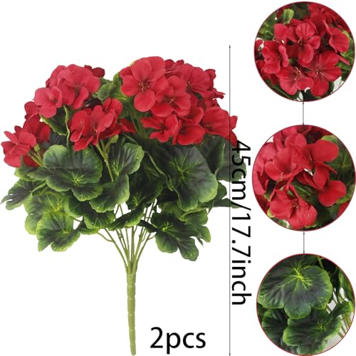 2 Pcs Artificial Geraniums for Outdoor Silk Geranium Flowers Red Artificial Geranium Bush Faux Flowers Geraniums Branch for Garden Patio Grave Cemetary Vase Table Centerpiece Indoor Decor - color: Red
