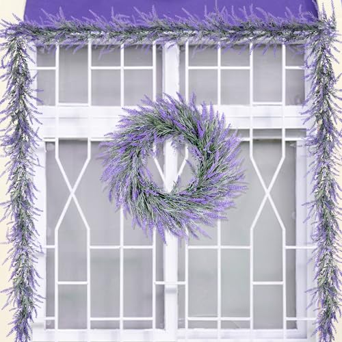 HUZIYAHAN Spring Summer Lavender Door Wreath 21Inch Front Door Wreath All Seasons Wreaths Purple Artificial Lavender Wreaths for Outdoor Outside Indoor Window Home Rustic Farmhouse Decorations - size: 21 inches