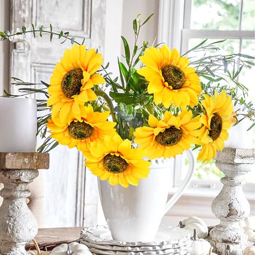 24.4" Sunflowers Artificial Flowers 12Pcs Fake Sunflowers Bulk Realistic Silk Sunflower Bouquet with Long Stems for Wedding Arrangement Table Centerpieces Outdoor Indoor Grave Fall Decor - color: Yellow-12pcs