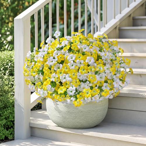 Artificial Flowers for Outdoors Decoration, 20 Bundles Faux Morning Glory with Eucalyptus Look Real UV Resistant Fake Plants Silk Flowers for Outside Yard Gardens Porch Patio Planter Home Urn, Mix - color: 2 Color(10 White, 10 Gradient Yellow)