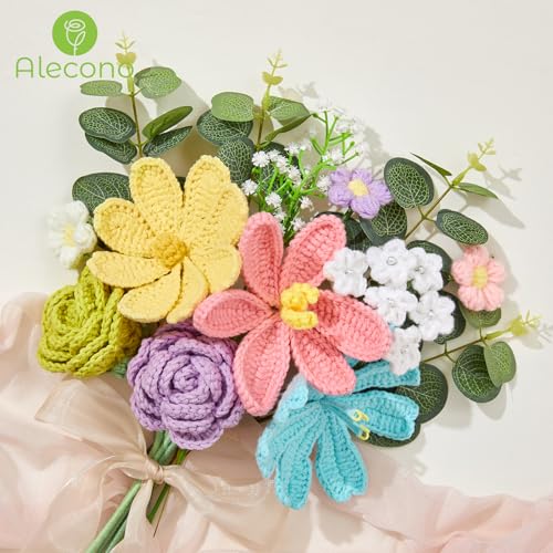 Alecono Crochet Flower Bouquet, Pastel Knitted Flowers, Crochet Tulip Rose Flower for Lover Anniversary Birthday Party Mother's Day Graduation Gifts (Include Card) - color: Pastel, size: Large