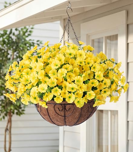 Artificial Fake Hanging Flowers Plants Baskets for Spring Outdoors Decor, Faux Silk Morning Glory in Planter UV Resistant Realistic Outside Flowers for Outdoor Porch Patio Balcony Yard Home, Yellow - color: B Yellow