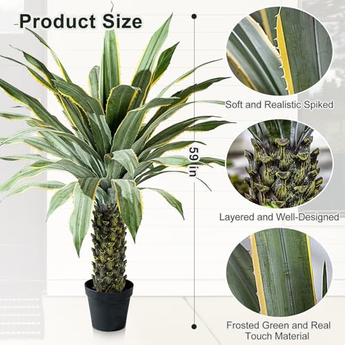Artificial Agave Plant Potted Plants for Indoor Outdoor Fake Agave Tree in Pot Realistic Faux Tree with 42 Leaves for Home Living Room Office Garden Front Porch Patio Decor (61inch-1 Pc Potted Yellow) - size: 61inch-1 Pc Potted Yellow
