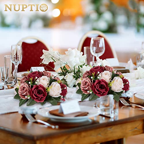 Nuptio Artificial Flower Centrepieces for Tables - 6 Pcs Burgundy & Dusty Rose & Creamy White Fake Flowers Roses Balls 9.5in Diam - Silk Faux Rose Arrangement for Wedding Party Centerpiece Table Decor - color: Burgundy & Dusty Rose & Creamy White, size: 6