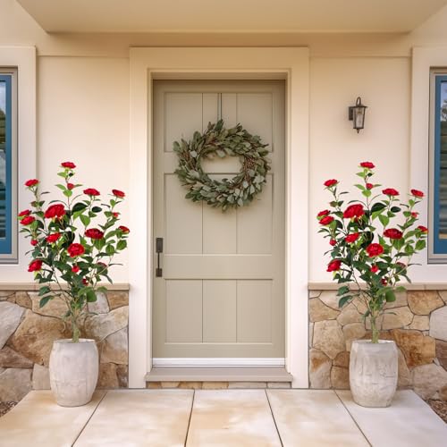 Artificial Camellia Tree 2 Pack, 3FT Faux Camellia Plant in Pot, 36 inch Fake Potted Camellia Flower Tree Plastic Camellia Tree for Modern Home Office Christmas Living Room Floor Decor Indoor, Red - style: C-Camellias (36 inch-Red)