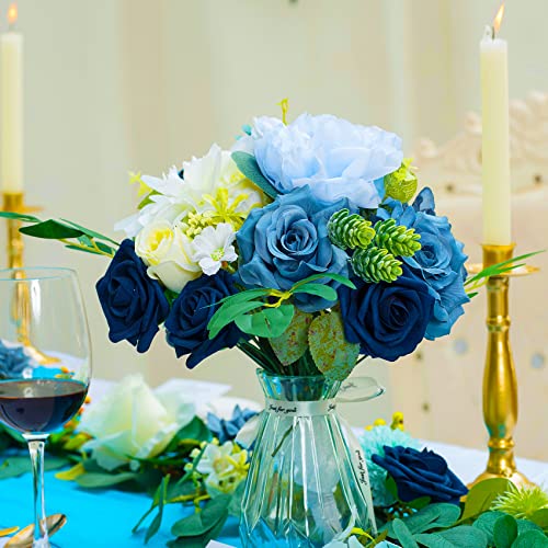 Artificial Flowers Combo Box Set,Silk Fake Flowers Roses Bridal Bouquets Out/Indoor DIY Centerpieces White Flowers for Decoration Arrangements Party Baby Shower Home Cake Decor (White&Blue) - color: White&blue