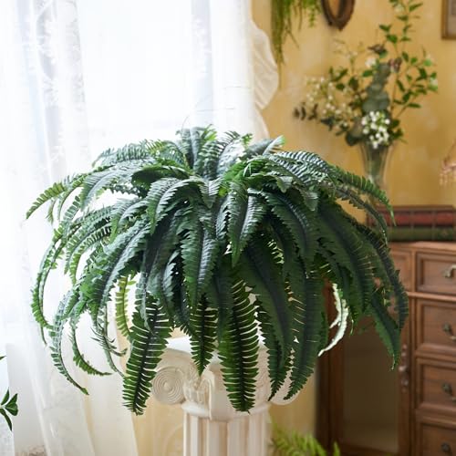 50" Artificial Ferns for Outdoors with 96 Fronds & Ground Spike, Realistic Faux Ferns, Artificial Boston Ferns Artificial Plants Large Faux Plants for Porch Garden Home Office Decor - size: 1 Pack