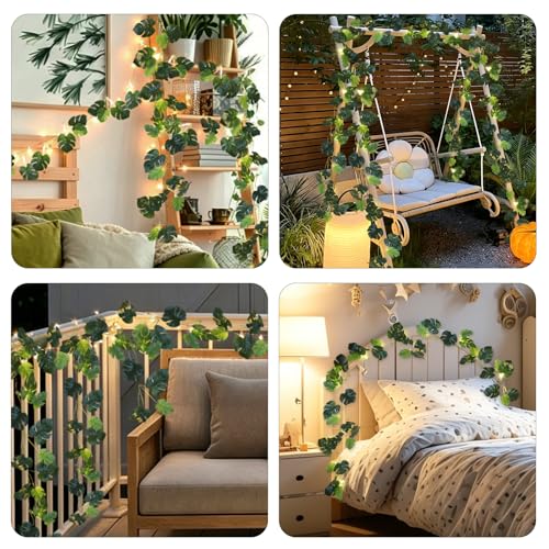 RECUTMS Monstera Leaves String Lights 1P 20LEDs Artificial Tropical Palm Leaf Battery Operated Hanging Rattan Light Faux Greenery Vines for Hawaiian Party Luau Jungle Beach Summer Indoor Outdoor Decor - color: Monstera Leaves Lights Green 1p