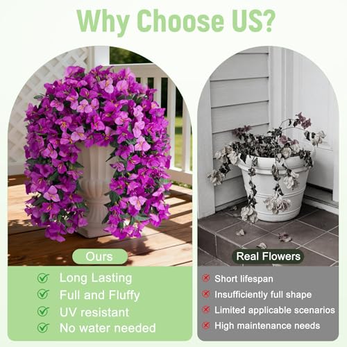 Fake Bougainvillea Artificial Flowers for Outdoors Decoration 2 pcs Faux Hanging Flowers Plants for Outdoor Planters UV Resistant Silk Bougainvillea Vines for Front Door Porch Urn Patio Garden - color: Double Lotus
