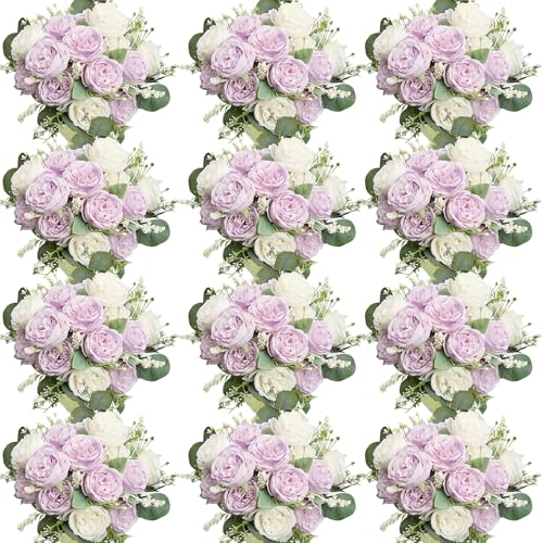 Peonies Artificial Flowers Bulk, 12 Bundles Lilac Fake Silk Peonies Faux Eucalyptus Bouquet Realistic Peony Floral Arrangement for Wedding Table Centerpiece Vase Decor (Lavender & White) - color: Lavender & White