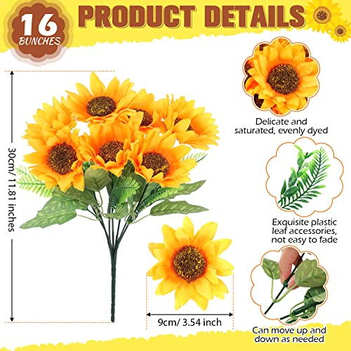 Roshtia 16 Bunches Sunflower Artificial Flowers, 11.8'' High Bride Holding Sunflower Bouquet, Each with 7 Heads, Silk Sunflower Decor Sunflower Centerpieces for Tables Home Party Wedding Decor Craft