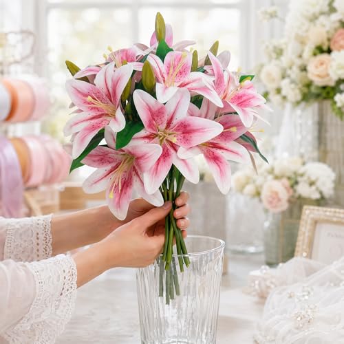 ATFL Artificial Lilies Flowers,9 Pcs Faux Lily Flowers,16''Tiger Lily Branches with 2 Full Blooms and 1 Bud,Faux Fake Lilies Plants for Wedding Bouquet Floral Arrangements (9, Light Pink) - color: Light Pink
