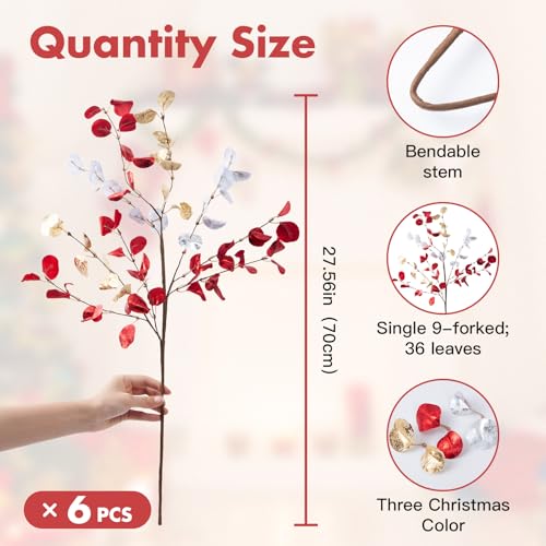 6pcs Eucalyptus Stems Fake Red Gold Silvery Christmas Decorations Leaves Artificial Silk Flowers Bouquet Faux Branches Centerpiece Flores Plants for Home Party Decor Wedding Decoration - color: 6pcs-christmas