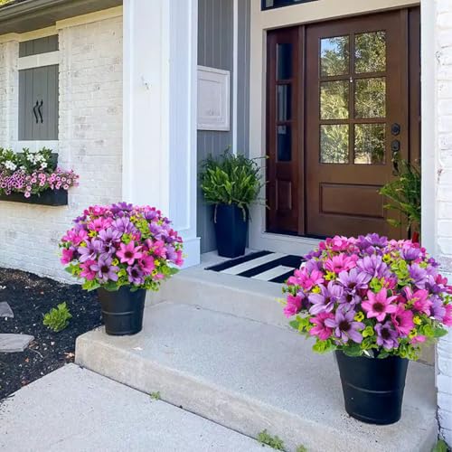 8 Bundles Fake Silk Daisy Outdoor Artificial Flowers UV Resistant Faux Plants Bright Colors for Front Porch Planter Balcony Patio Garden Home Indoor Decoration (Purple) - color: Purple