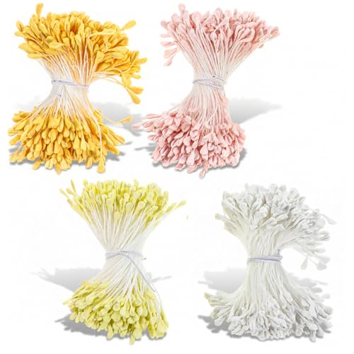 1400Pcs Flower Stamens 3mm Yellow Double Heads Handmade Stamen for Flower Making Artificial Floral Stamens for Crafts Wedding Bouquet Scrapbook Decoration Easter Supplies
