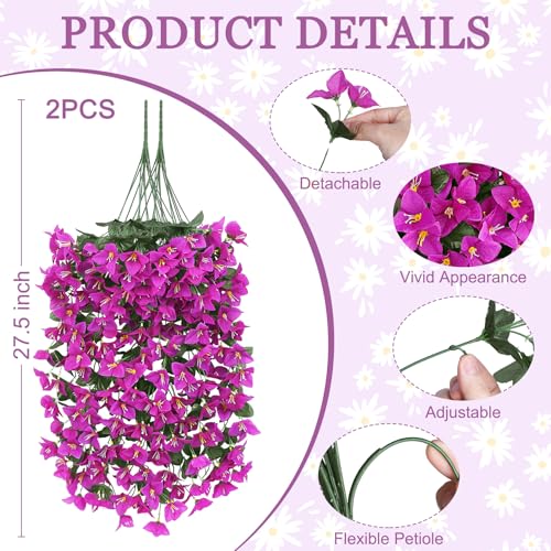 Artificial Bougainvillea Flowers Plants for Outdoors Decoration, 2 Pcs Faux Silk Hanging Flowers Long Trailing Fake Vines for Front Door Porch Planter Balcony Patio Summer Spring Home Decor, Fuchsia - color: Fuchsia