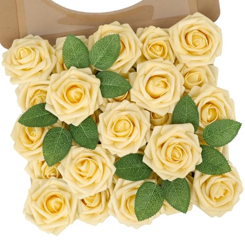 N&T NIETING Artificial Flowers, 25Pcs Fake Flowers Goose Yellow Roses Perfect for DIY Wedding Bouquets Centerpieces Bridal Shower Party Home Flower Arrangement Decorations - color: Goose Yellow, size: 25pcs