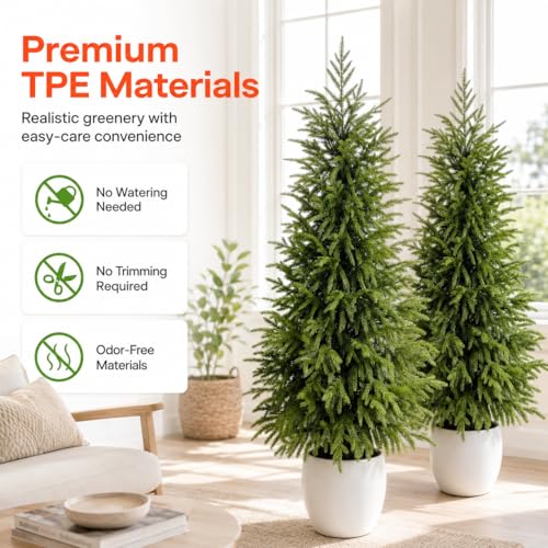 4FT Lighted Artificial Topiary Trees Outdoor Set of 2, Norfolk Pine Trees with Warm White Lights, Potted Faux Evergreen Trees for Front Porch, Entryway, Patio, Christmas Indoor Outdoor Decor