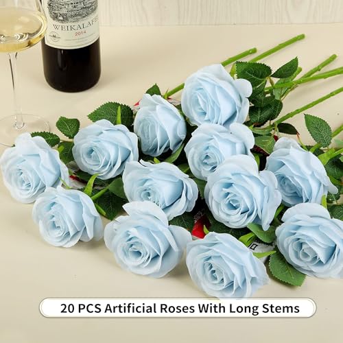 20PCS Artificial Roses with Long Stems - Realistic Silk Flowers, Fake Roses Real Touch Bouquet of Roses for Home Decor, Bridal Wedding Party Table Centerpieces, Bulk Faux Rose Flowers ( Sky Blue ) - color: Sky Blue, size: 20 PCS