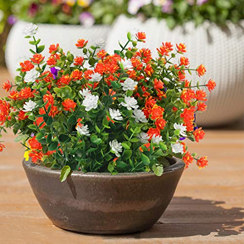 6 Bundles Artificial Flowers, Fake Artificial Greenery UV Resistant No Fade Faux Plastic Plants for Wedding Bridle Bouquet Indoor Outdoor Home Garden Kitchen Office Table Vase (Orange Red) - color: Orange Red
